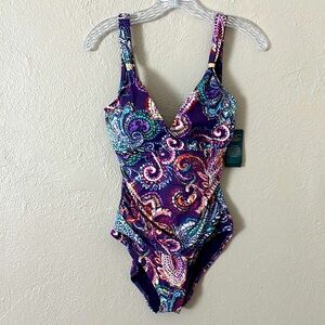 Lauren Ralph Lauren EGGPLANT Captiva Paisley Underwire One-Piece Swimsuit, US 10